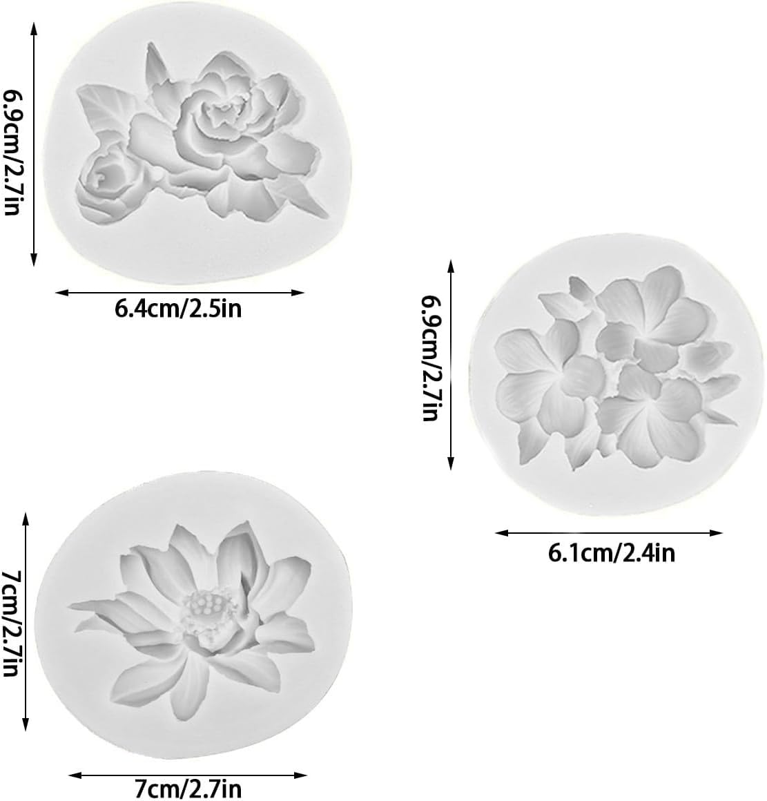3 Pcs Flower Silicone Molds, Hibiscus Plumeria Rose Flower Fondant Silicone Molds,For Sugarcraft, Cupcake Toppers, Soap, Polymer