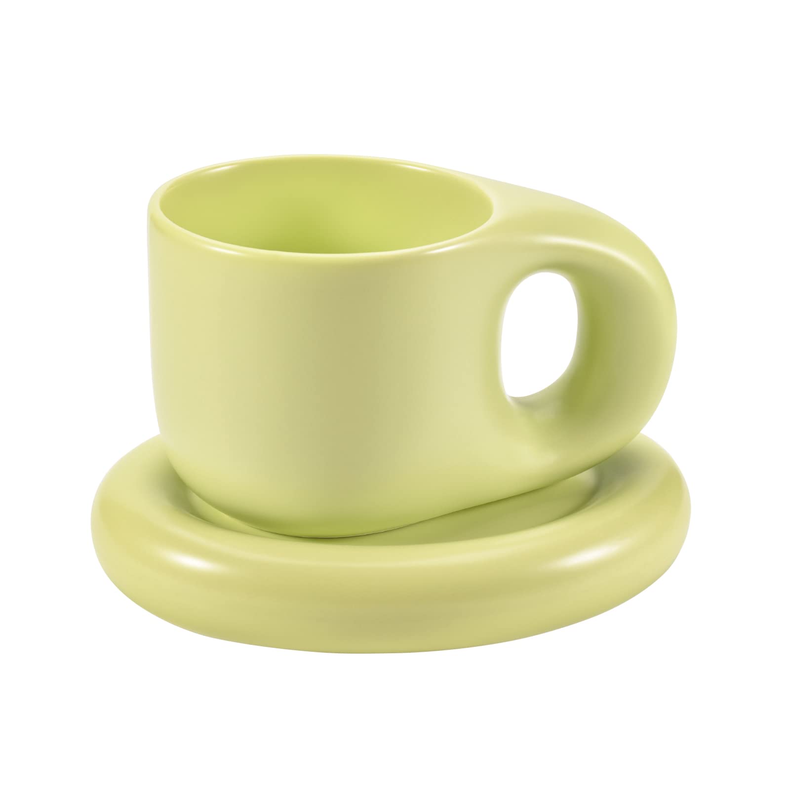 Koythin Ceramic Coffee Chubby Mug Saucer Set, Creative Cute Fat Handle Cup with Saucer for Office and Home, Dishwasher and Micro