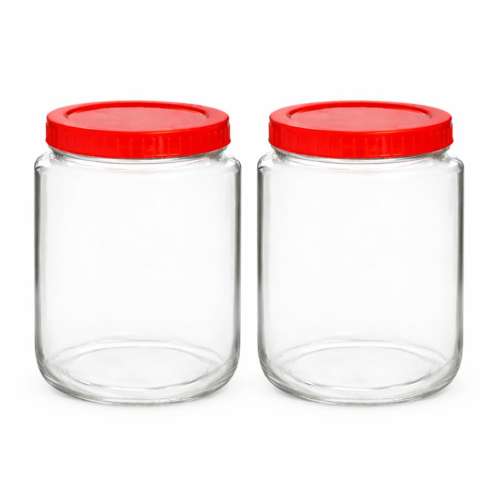 Mahantik Glass Storage Jar With Airtight Red Lid  1000Ml / 1Kg Food Grade Container For Kitchen, Spices, And Pickles (Pack Of 2