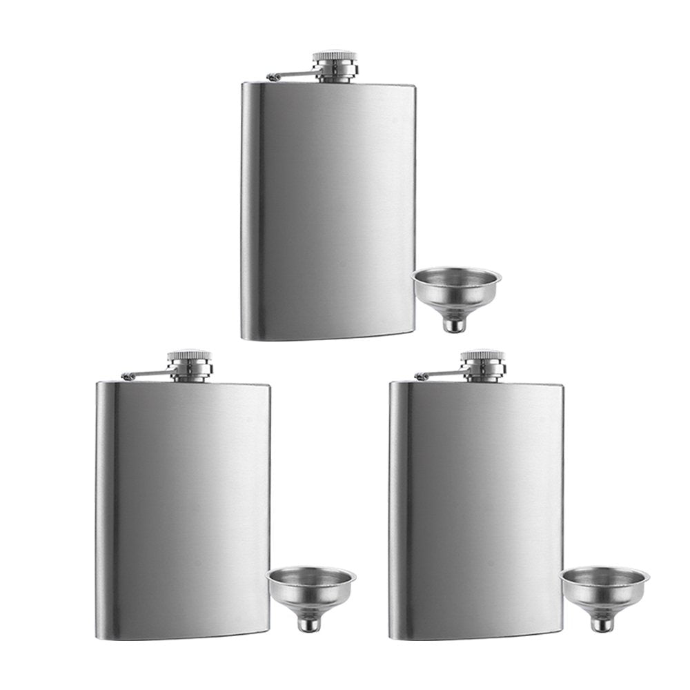 3 Pcs 8 oz Hip Stainless Steel Flask & Funnel Set by QLL, Easy Pour Funnel is Included, Perfect Flask that Fits Great in Jacket 