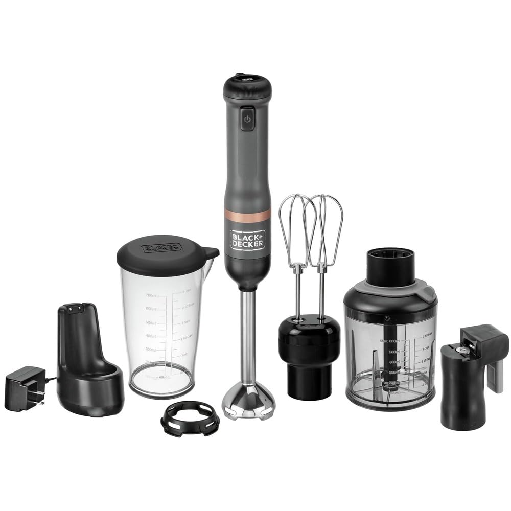 Black+Decker Kitchen Wand Cordless Immersion Blender, 4 In 1 Multi Tool Set, Hand Blender With Charging Dock, Grey (Bckm1014K01)