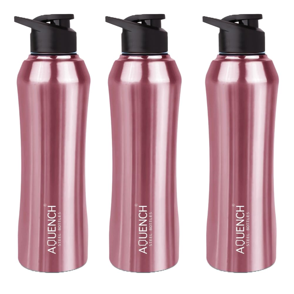 Aquench Stainless Steel Water Bottle, 1 Litre Capacity, Turquoise Gradient, Leak-Proof Sipper Cap (Pack Of 3, Pink)