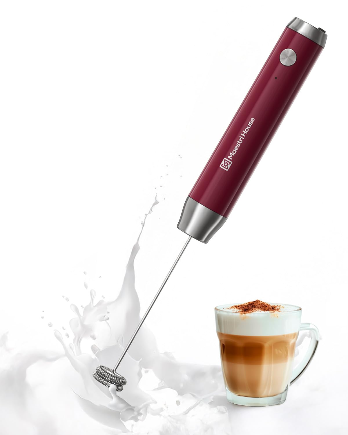 Maestri House Rechargeable Milk Frother, Adjustable 2-Speed Handheld Electric Foam Maker Waterproof Detachable Stainless Steel W