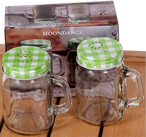 Circleware Moondance Mason Jar Salt And Pepper Shakers With Green And White Gingham Lids, Set Of 2, 5Oz, Clear