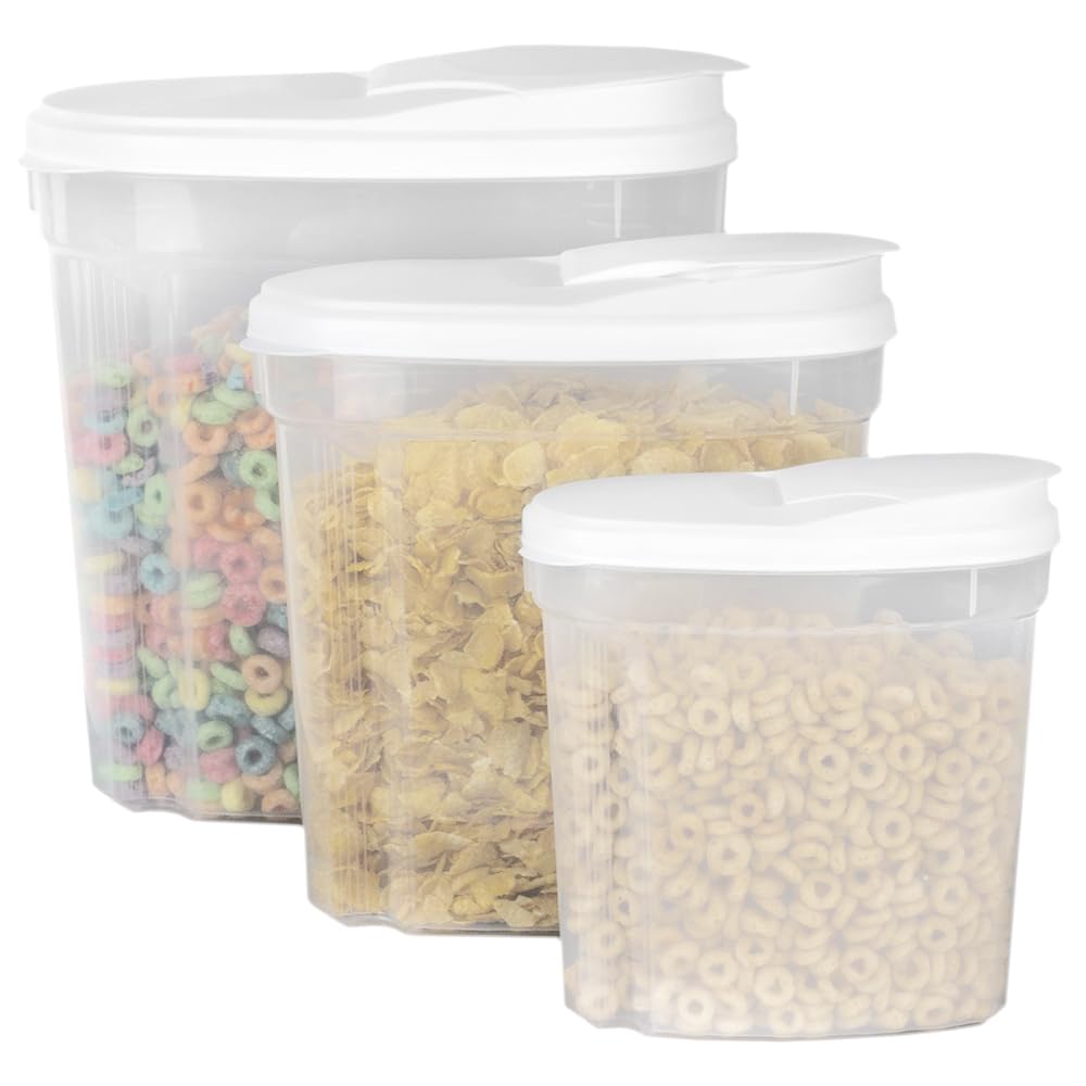 Home Basics 3-Piece Cereal Food Storage Container, White Lids