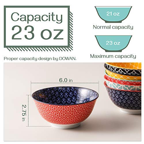 DOWAN 23 OZ Colorful Bowls Set of 6 - Ceramic Bowls for Soup  Cereal  Fruit - Vibrant Patterned Porcelain Bowls for Kitchen Decor & Housewarming Gift - Dishwasher & Microwave Safe
