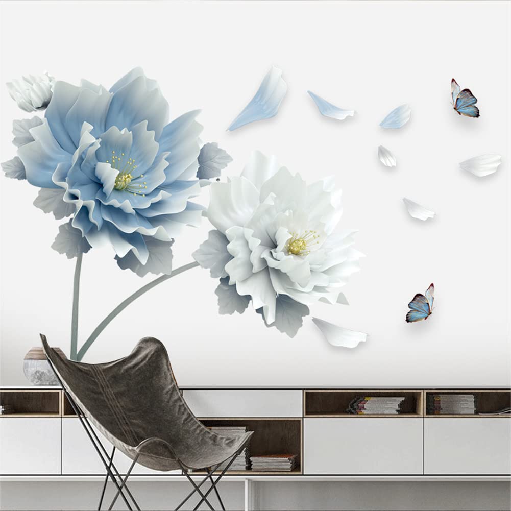 Blue Flower Wall Decals Stickers,Peel And Stick Flower Wall Sticker Diy Floral Wall Art For Bedroom Living Room Classroom Office