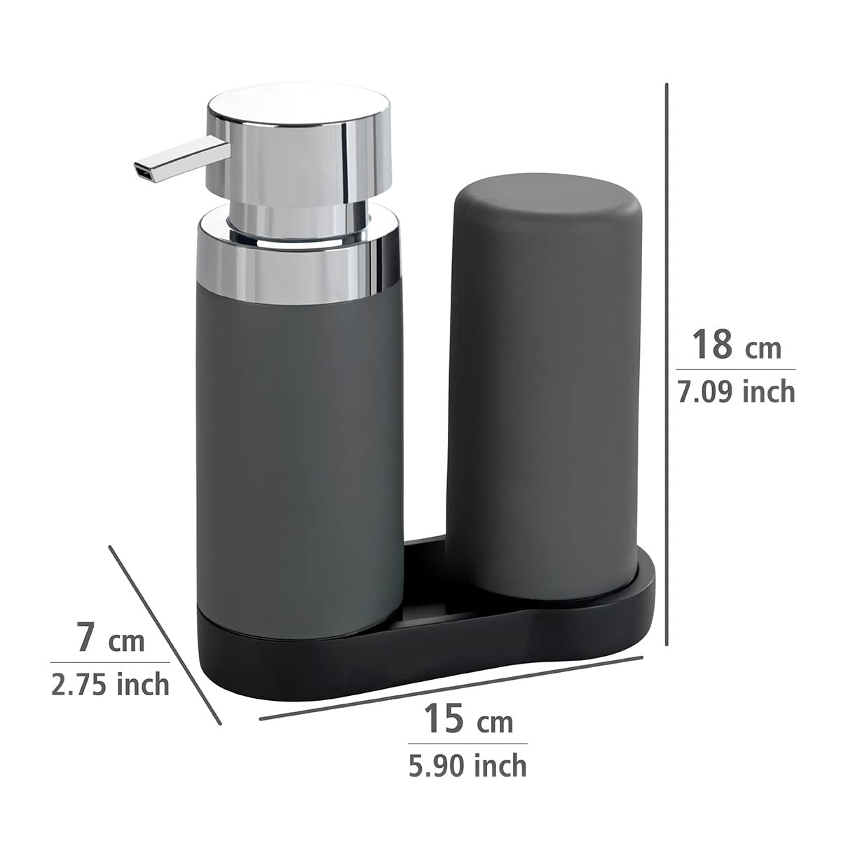 WENKO Dish Soap Dispenser, 8.5 Oz Round Refillable Plastic Bottle, Gray, Easy to Fill, Kitchen Sink Essential, Model 54735100