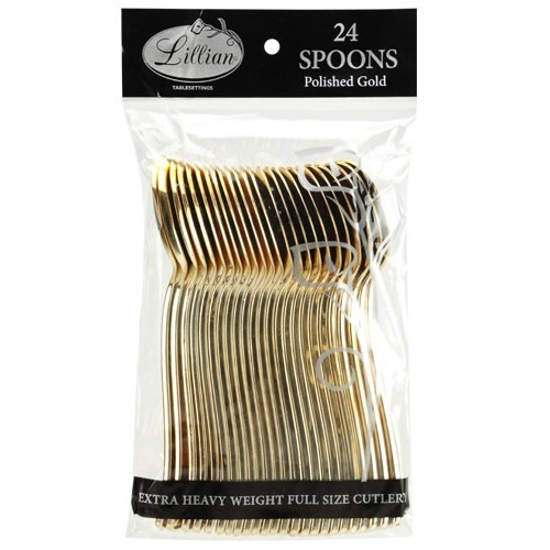 Plastic Cutlery Silverware Extra Heavyweight Disposable Flatware, Full Size Plastic Spoons Like Gold 24 Pack