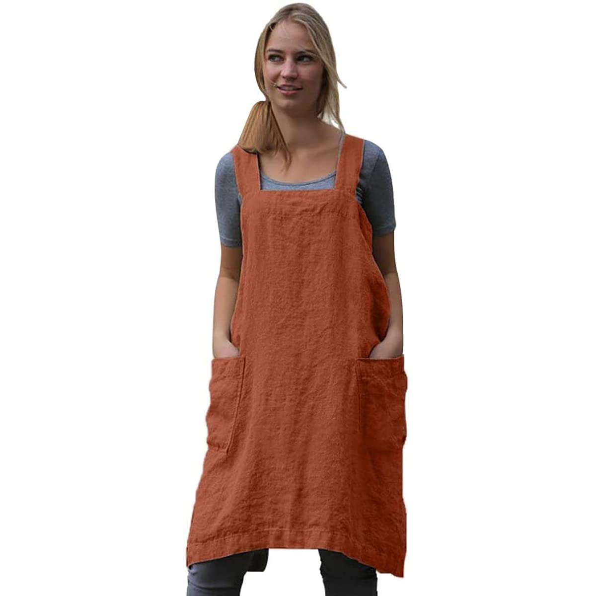 Women'S Cross Back Pinafore Apron With Large Pockets Home Kitchen, Restaurant, Coffee House,Cooking Gardening Works Orange-2Xl