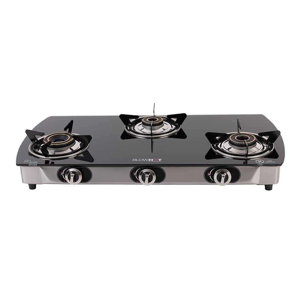 Blowhot Jasper 3 Burner Manual Ignition Gas Stove | Heavy Tornado Brass Burners | Toughened Glass Cooktop | Isi Certified - Stai