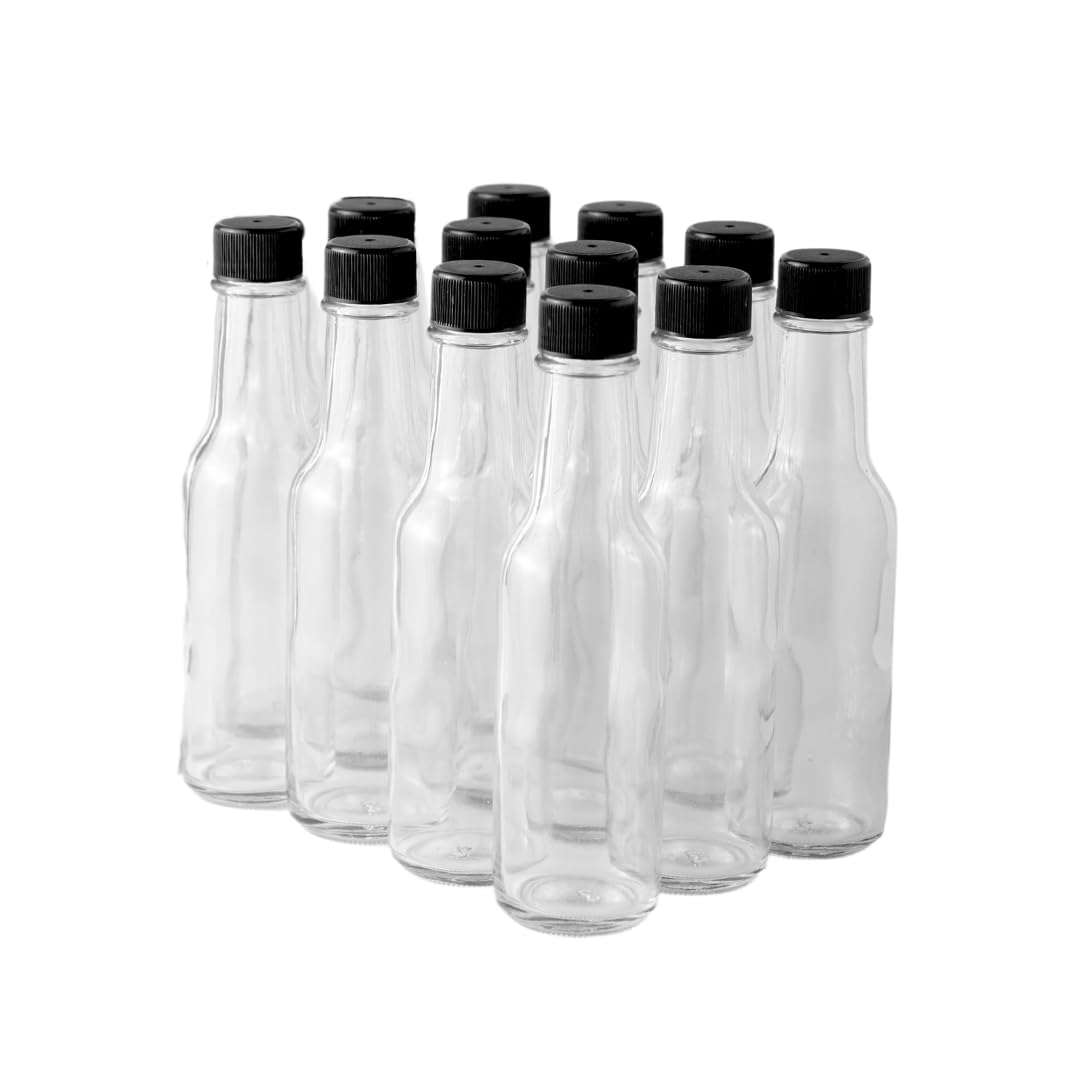 FastRack Woozy Bottle 5 oz (Pack of 12) | Small Hot Sauce Bottles for Canning | Empty Clear Glass Sauce Bottle with Black Plasti