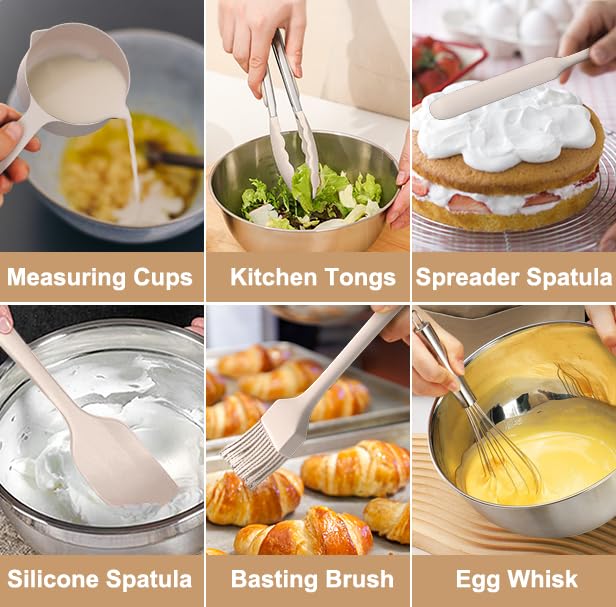 Wildone Mixing Bowls With Airtight Lids, 27 Pcs Stainless Steel Nesting Bowls, With 3 Grater Attachments, Scale Mark & Non-Slip