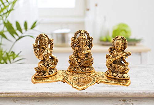 Evisha Golden Brass Metal Lord Laxmi Ganesh And Saraswati With Diya Handicraft Idol For Temple Home Dcor