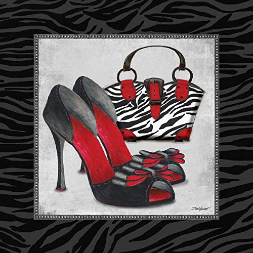 Gango Home Decor Exotic Zebra Print; Fun Popular Trendy Purse and High-Heel Set; Two 12x12in Poster Prints. Black/REd