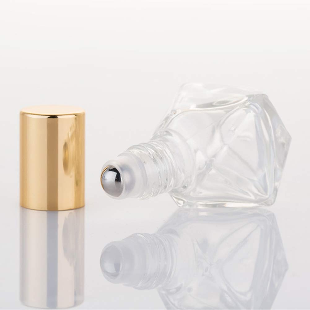 5Ml(1/6Oz) Shaped Glass Roller Bottle For Essential Oils,Mini Glass Bottles With Stainless Steel Roller Balls,Gold Aluminum Caps