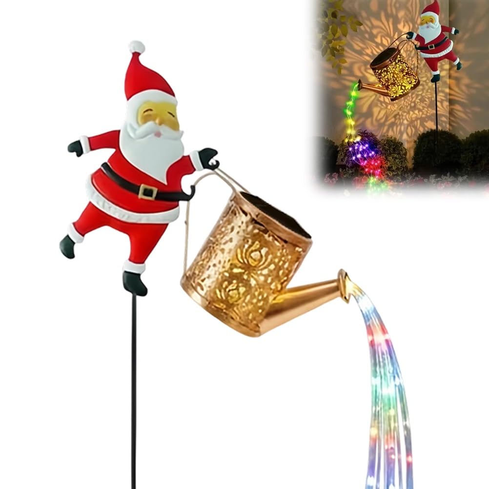 Christmas Santa Solar Kettle Lights Garden Lawn Decorative Outdoor Waterproof Hanging Metal Watering Can for Decor, Patio Yard D