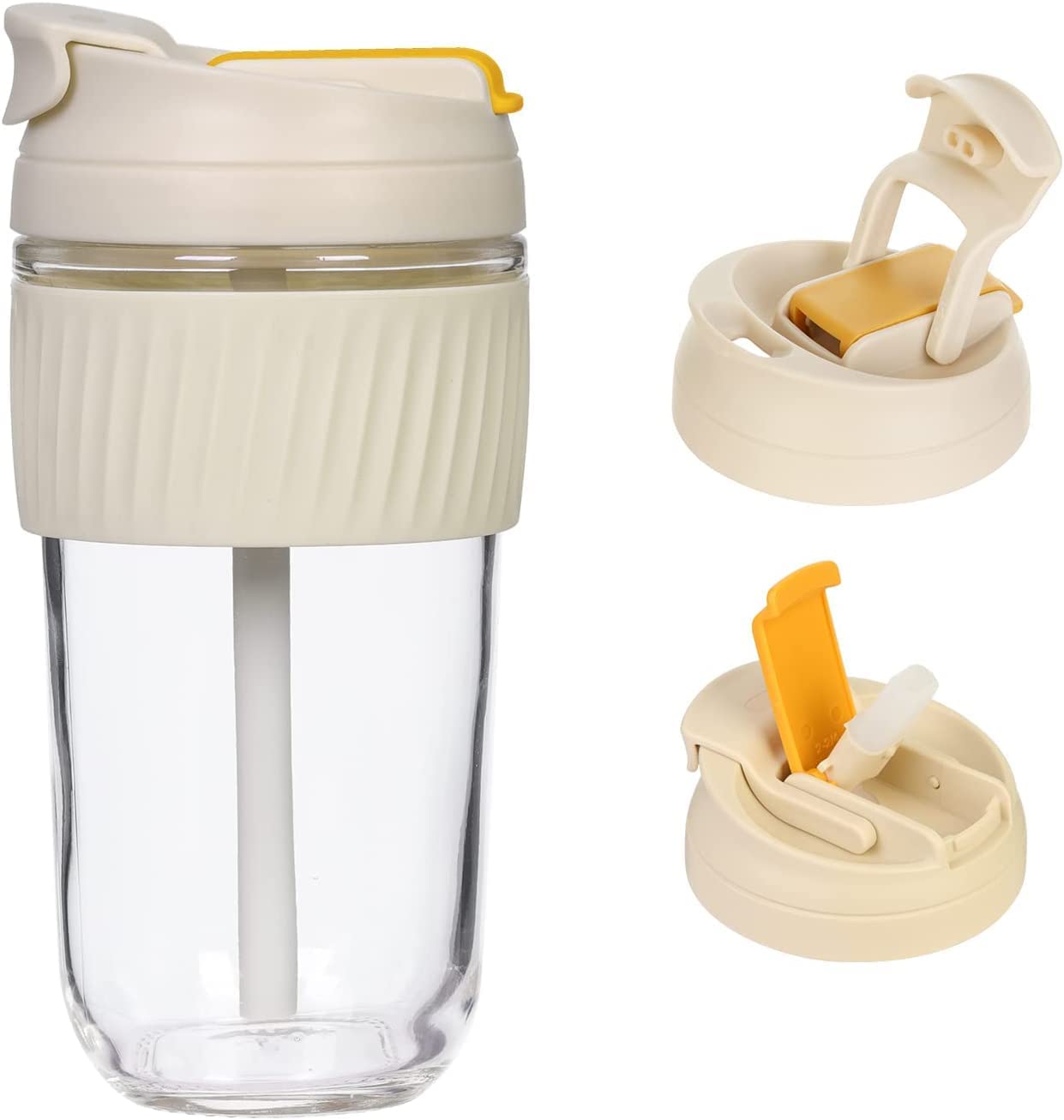 QUEDOZ 2 in 1 Glass Juice Bottle for Kids Reusable Glass Coffee & Juice Mug Shaker with Lid and AntiSlip Silicone Band Thick Gl