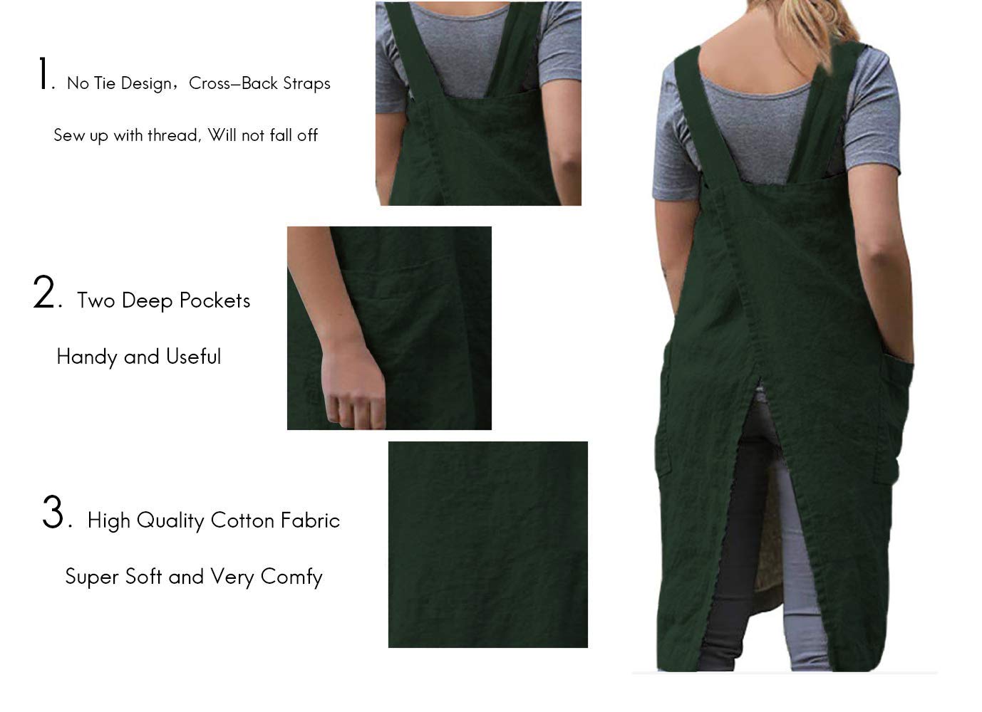 Women 'S Pinafore Square Apron Baking Cooking Gardening Works Cross Back Cotton/Linen Blend Dress With 2 Pockets Dark Green-M