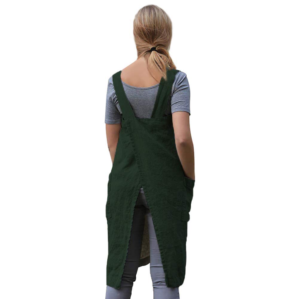 Women 'S Pinafore Square Apron Baking Cooking Gardening Works Cross Back Cotton/Linen Blend Dress With 2 Pockets Dark Green-L