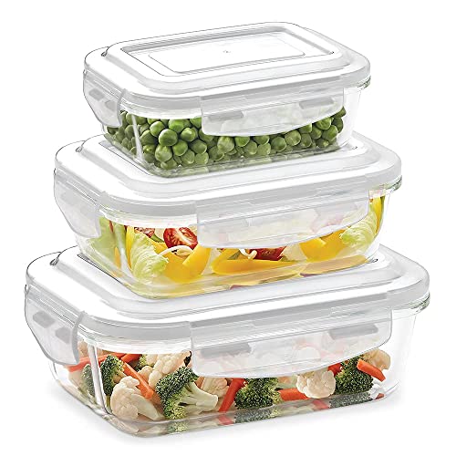 Borosil Klip N Store Glass Storage Containers For Kitchen With AirTight Lids, Microwave & Oven Safe, Rectangular, Set of 3 (104