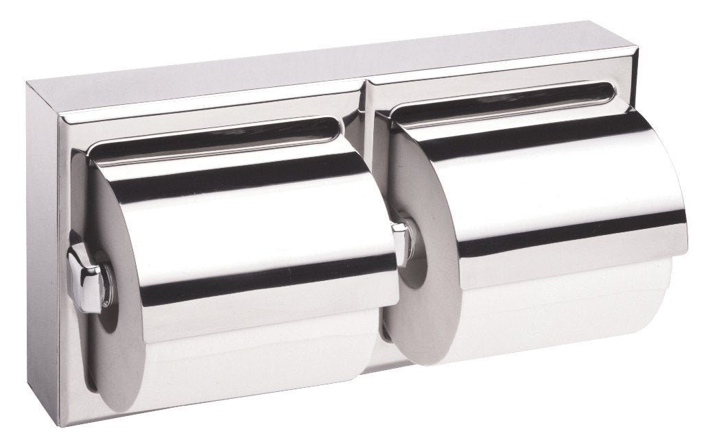 Bobrick 6999 Stainless Steel Surface Mounted Double Roll Toilet Tissue Dispenser with Hood, Bright Finish, 12-3/8 Width x 6-3/16
