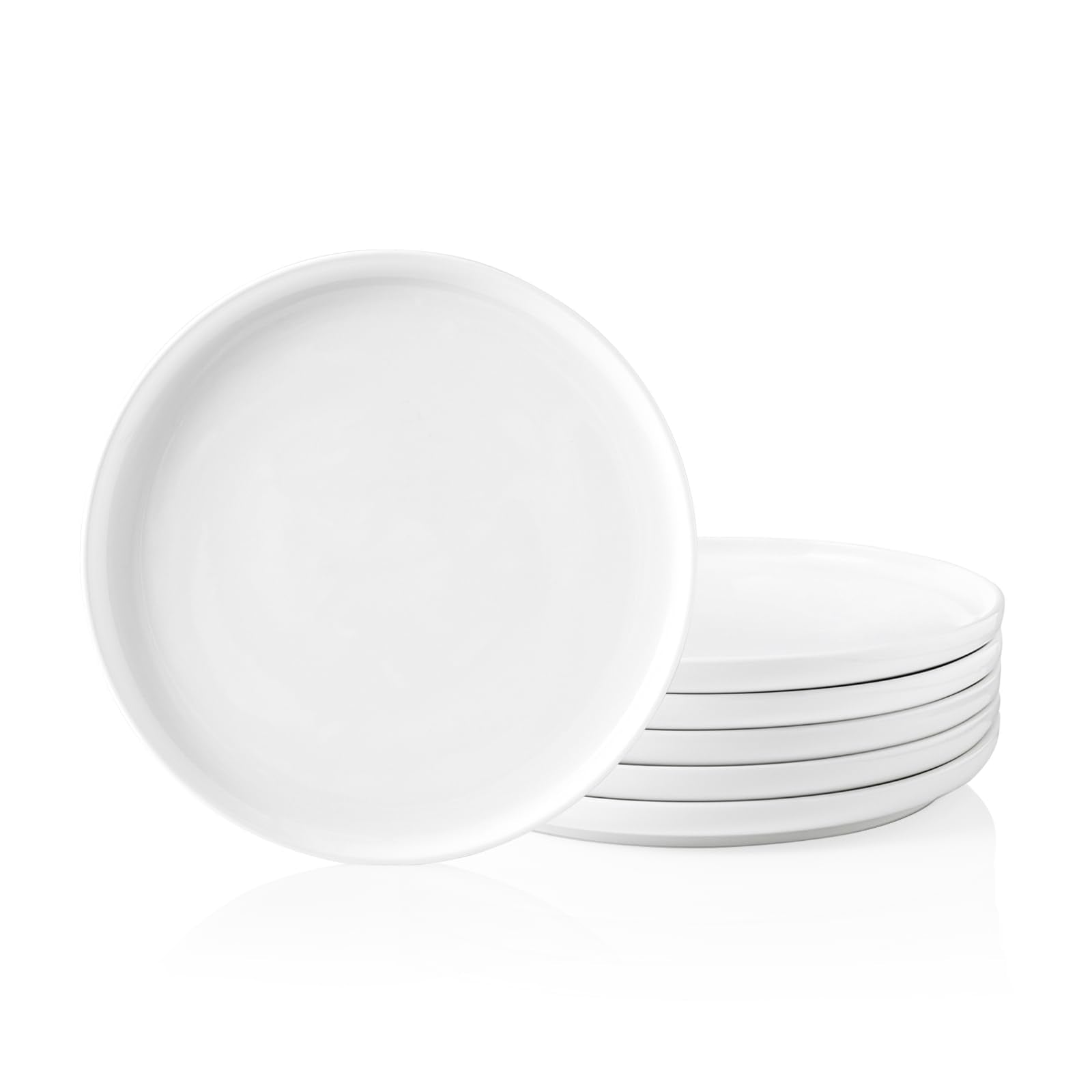 Kanwone Porcelain Dessert Salad Plates - 8 Inch - Set Of 6, White, Microwave And Dishwasher Safe Plates, White Dishes, Morden Pl