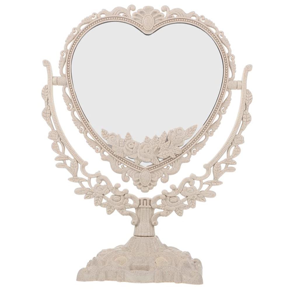 Akhfky 1Pc Heart Shaped Makeup Mirror Vintage European Style Acrylic Single Side Cosmetic 360 Degree Swivel Desktop Tools (Heart