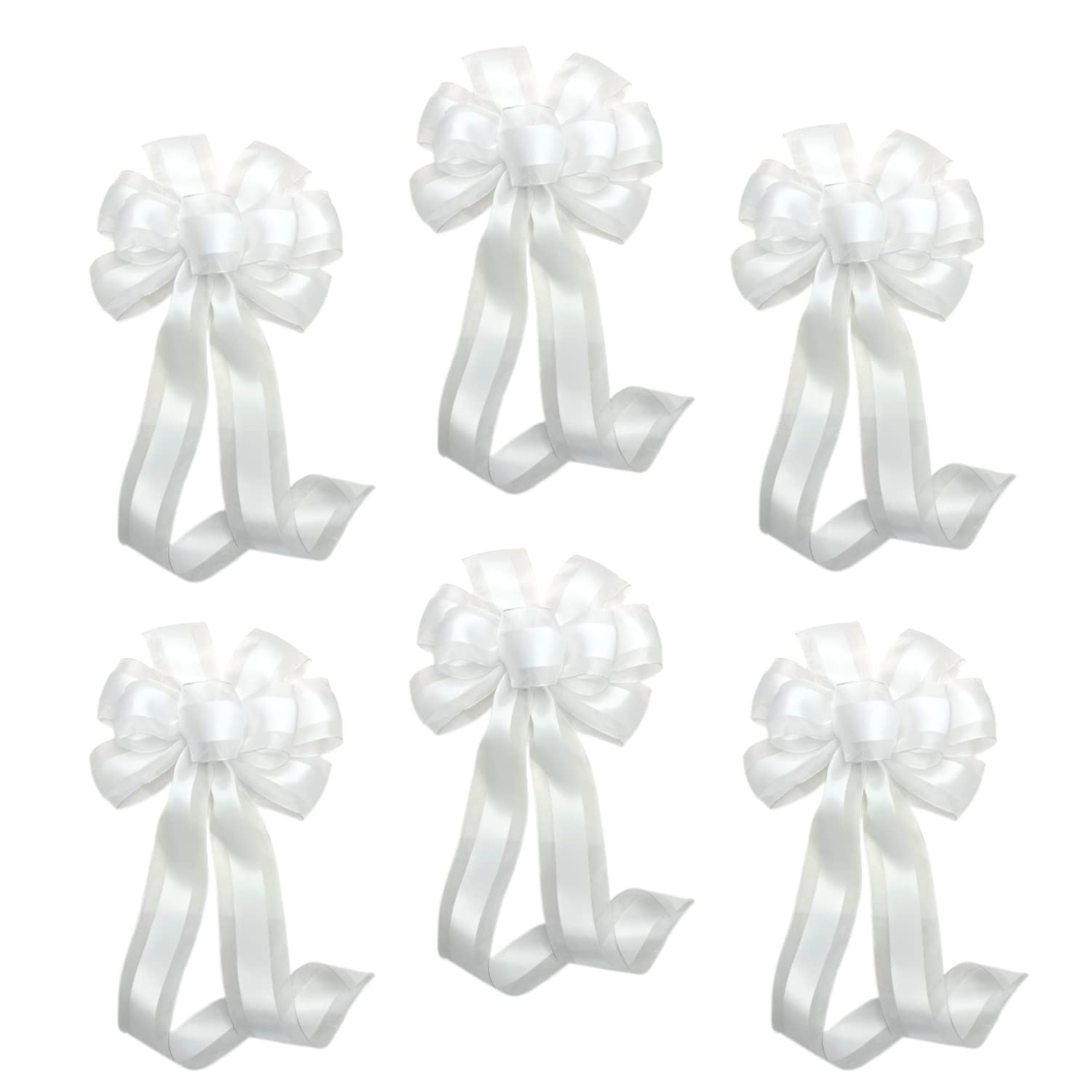Large 10'' White Wedding Pew Bows - Wired Satin Organza Ribbon, 18'' Long With Tails, Set Of 6, Aisle Decorations, Reception, Br