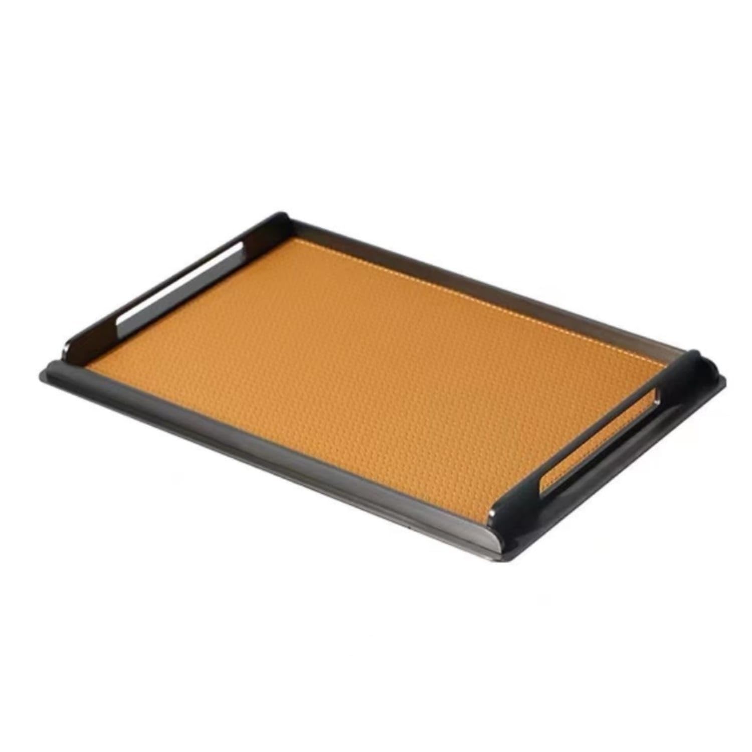 Rectangular Tray With Handles Slim Metal Frame Tray Shallow Platter Decorative For Desktop, Coffee Table, Vanity, Orange Yellow