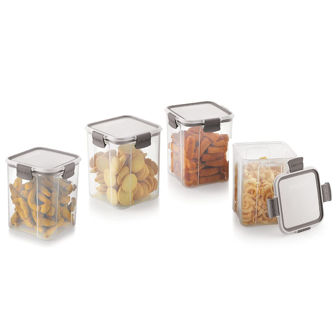 Magnus Modulock Airtight Food Storage See Through Plastic Containers Set Of 4, 950 Ml Each, White & Grey Lid With Clear Bottom