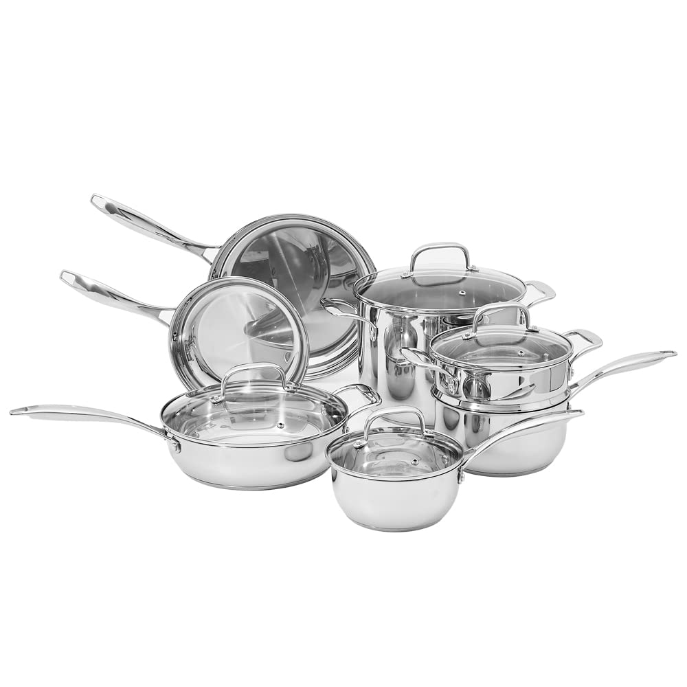 Amazon Basics Stainless Steel Cookware 11-Piece Set, Oven Safe, Pots and Pans, Induction-Ready, Even Heating, Easy to Clean, Hea