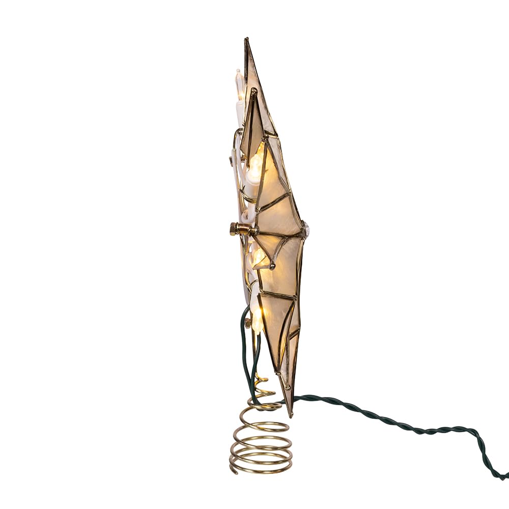 Kurt Adler 10-Light LED Brass Plated Capiz Star Tree Topper, 12-Point with Gem Center, 10.25