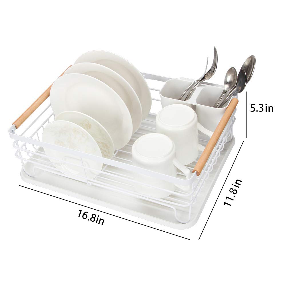 Attom Tech Home Modern Wood Handle Dish Rack And Drain Board, 16.5'' X 12'' X 5.5'' Kitchen Plate Cup Dish Drying Rack Tray Cutl