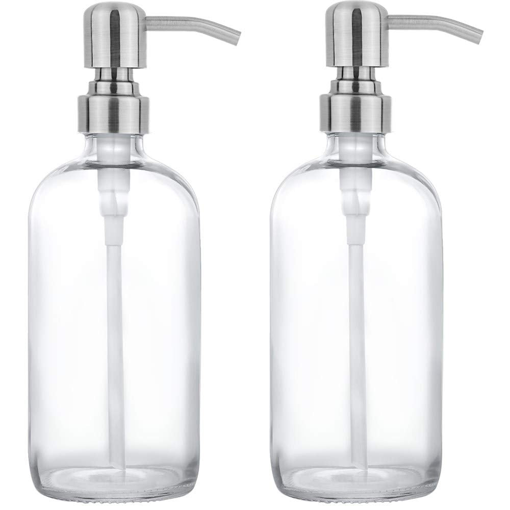 2 Pack Thick Clear Glass Pint Jar Soap Dispenser With Silver Stainless Steel Pump, 16Ounce Clear Boston Round Bottles Dispenser