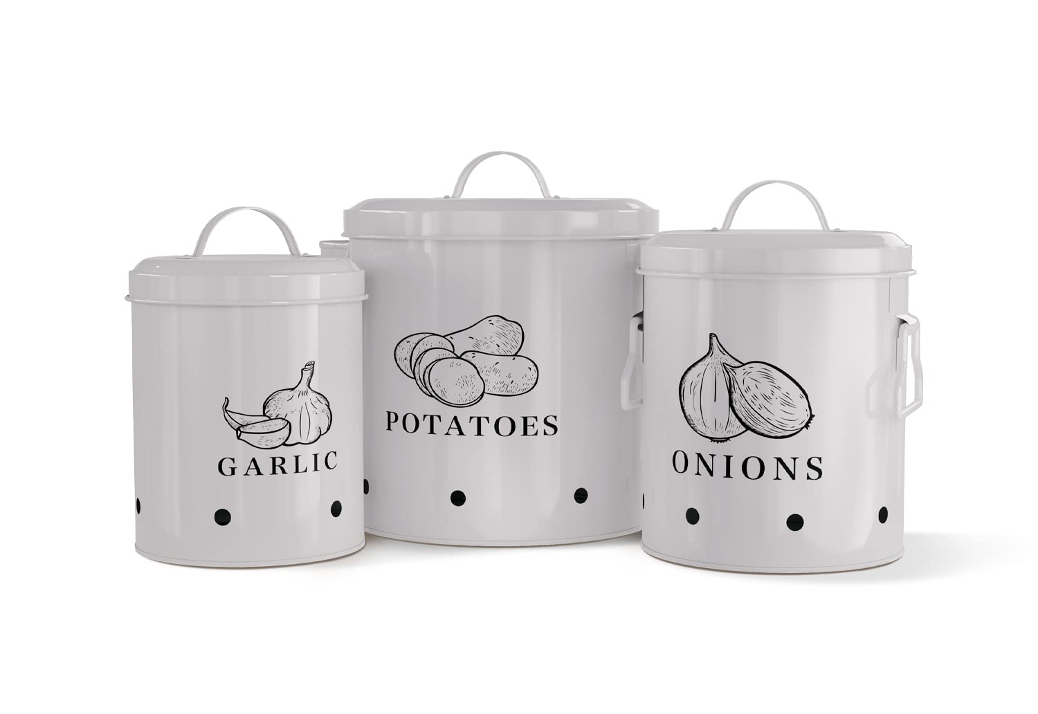 Kook Potato, Onion & Garlic Kitchen Storage Canisters, Rustic Farmhouse Containers With Aerating Holes, Vintage Vegetable Tins,