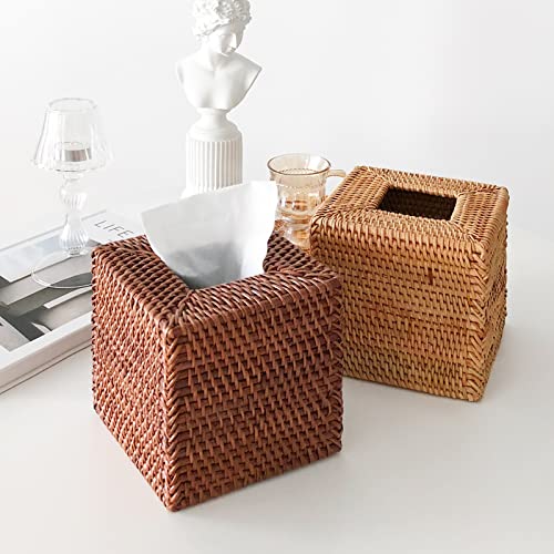 Rattan Tissue Box Cover Natural Woven Facial Napkin Holder Square (Honey Brown, 5.5X5.5X5.9 Inch)