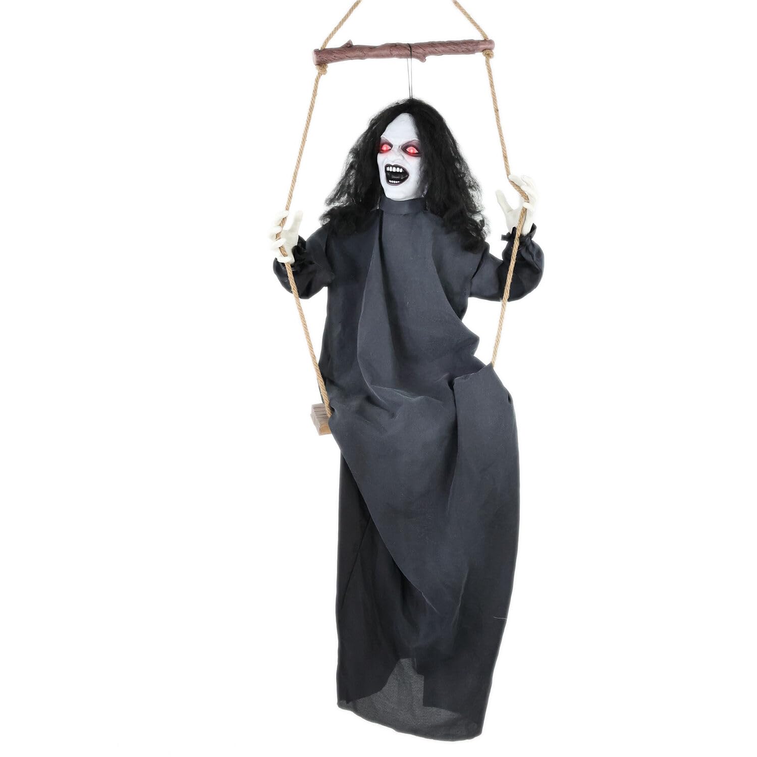 Haunted Hill Farm Animatronic Scary Talking Demon Woman on Swing with Touch Activated Lights and Sound, Battery-Operated Indoor 
