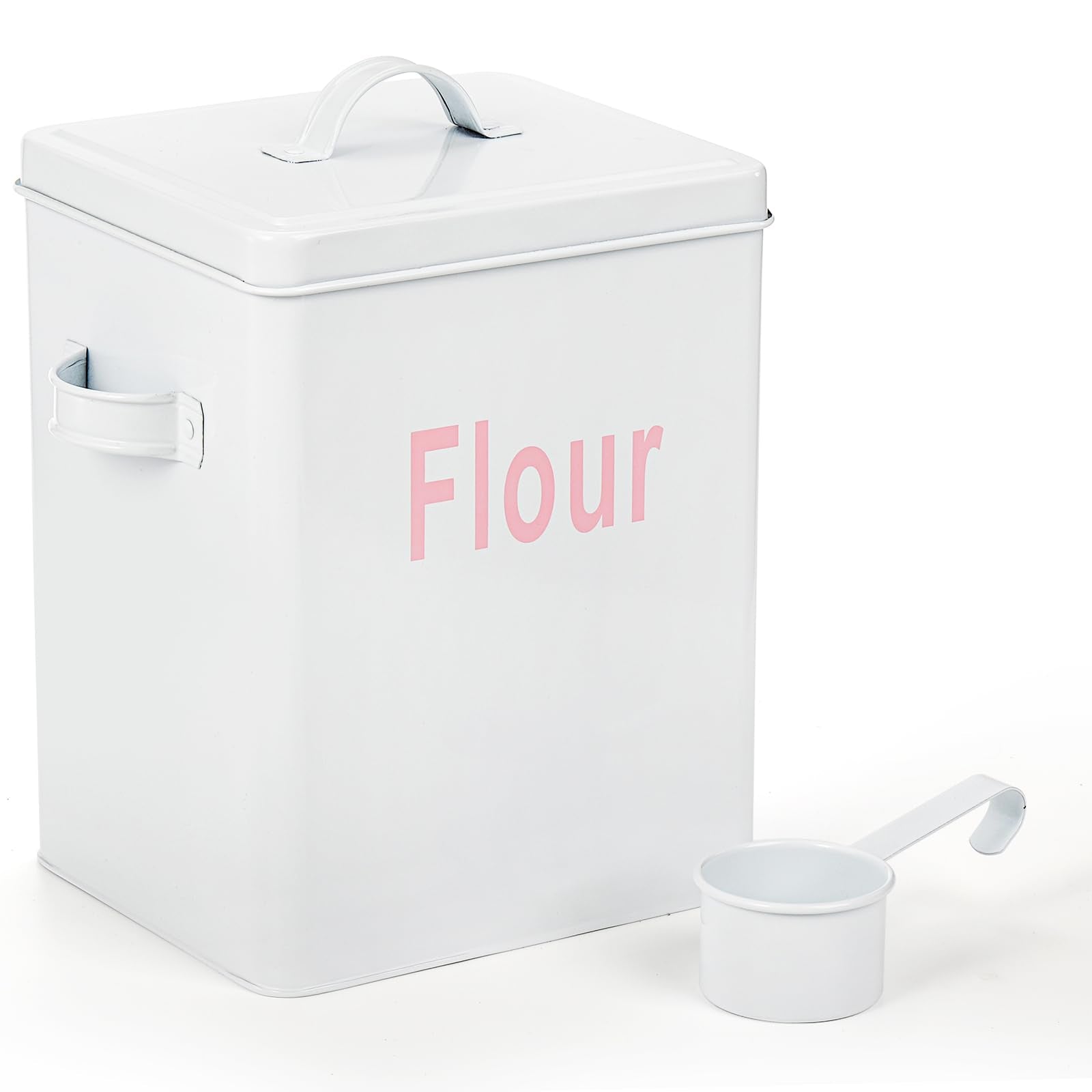 Youeon 1.5 Gallon Metal Flour Storage Container With Airtight Lid And Measuring Scoop, Square Flour Canister With Handle, White