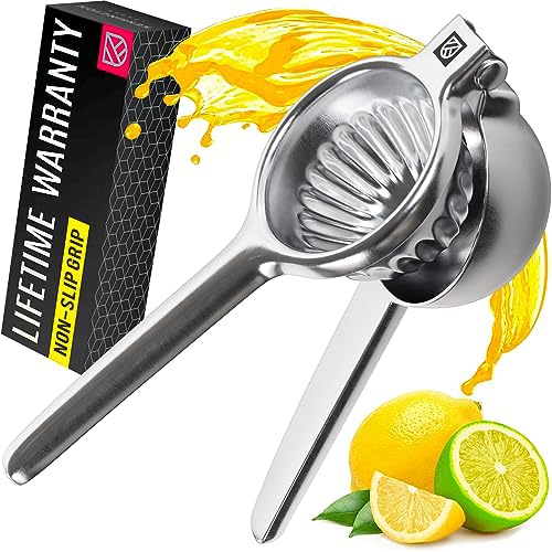 Stainless Steel Lemon Squeezer Press - No Seeds, Pro-Grade, Effortlessly Get Every Drop - Manual Non-Slip Grip Design - Lemon Li