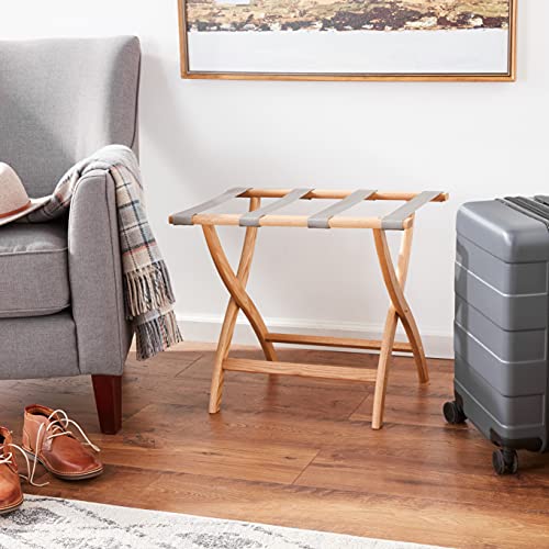 Wooden Mallet Designer Curve Leg Luggage Rack  Grey Straps  Light Oak