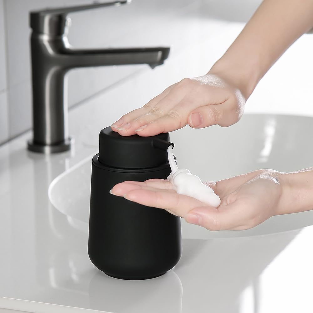 Yaukph Matte Black Foaming Hand Soap Dispenser Plastic 11 Oz - Modern Minimalist Style For Bathroom & Kitchen Countertop Refilla