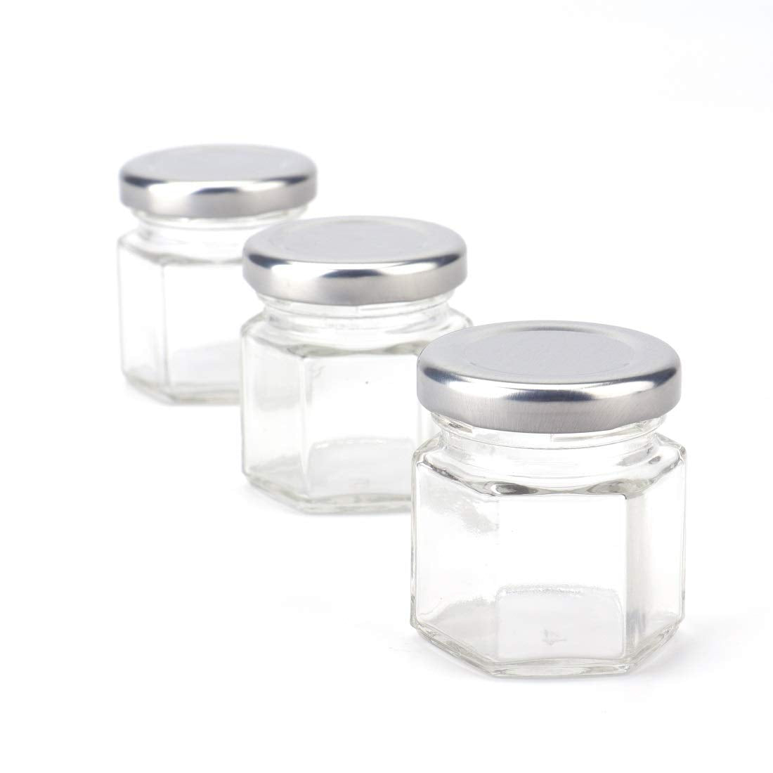 Tebery 30 Pack 1.5oz Mini Hexagon Glass Jars with Silver Lids and Labels  Honey Jars Small Spice Jars Mason Jars for Spices  Gifts  Wedding Party Favors  DIY and More