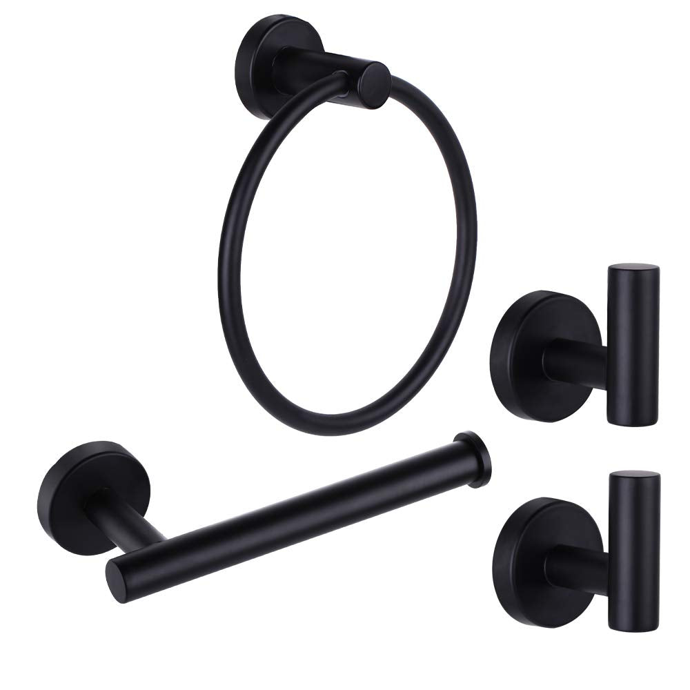 Ntipox 4 Piece Matte Black Stainless Steel Bathroom Hardware Set Include Hand Towel Ring  Toilet Paper Holder and 2 Robe Towel Hooks Bathroom Accessories Kit