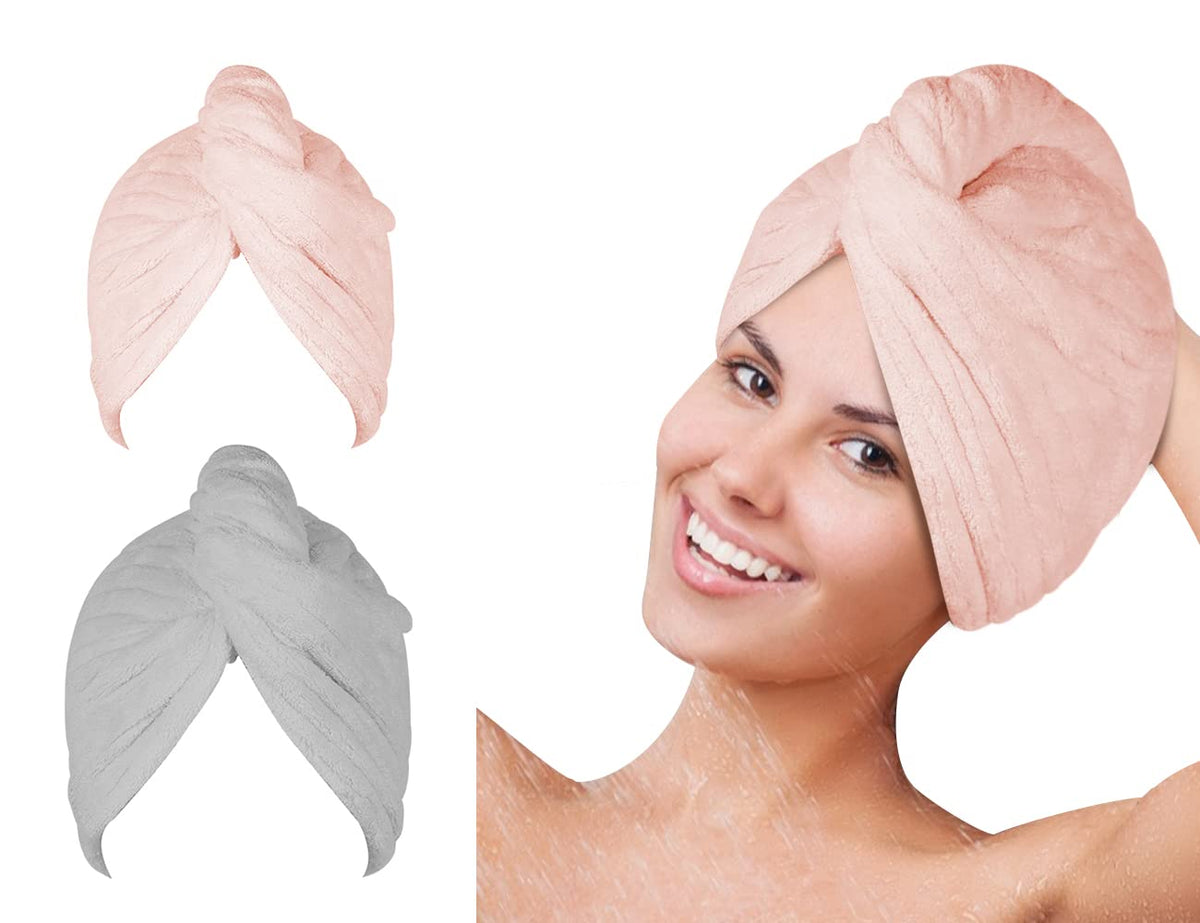 SYMGILA Microfiber Hair Towel Wrap, Hair Turbans for Wet Hair, Drying Hair Wrap Towels for Curly Hair Women Anti Frizz 2 Pack(Pi