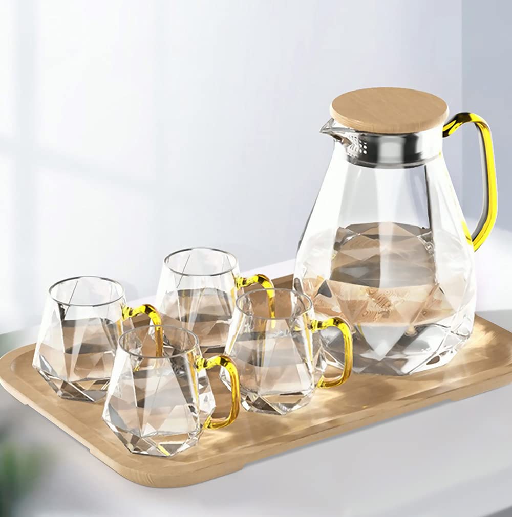 Dujust Glass Pitcher Set (68 Oz) With 4 Cups & 1 Tray, Elegant Diamond Design Water Pitcher With Handle, High Durability Glass J