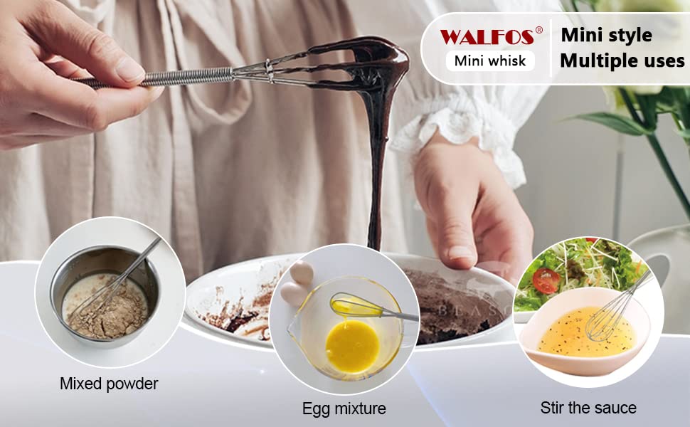 Walfos Mini Whisks Set - 2 Stainless Steel Whisks (5in & 7in) for Beating, Blending & Mixing Sauces