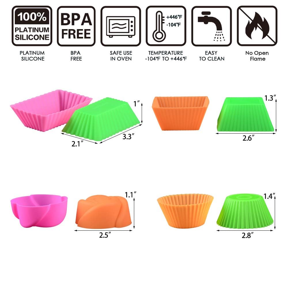 Silicone Baking Cups Cupcake Liners - 24Pcs Reusable Silicone Molds Including Round  Rectanguar  Square  Flower BPA Free Food Grade Silicone
