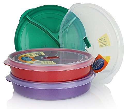 (Set of 3) Chefs 1st Choice Microwave Food Storage Tray Containers - 3 Section / Compartment Divided Plates w/ Vented Lid