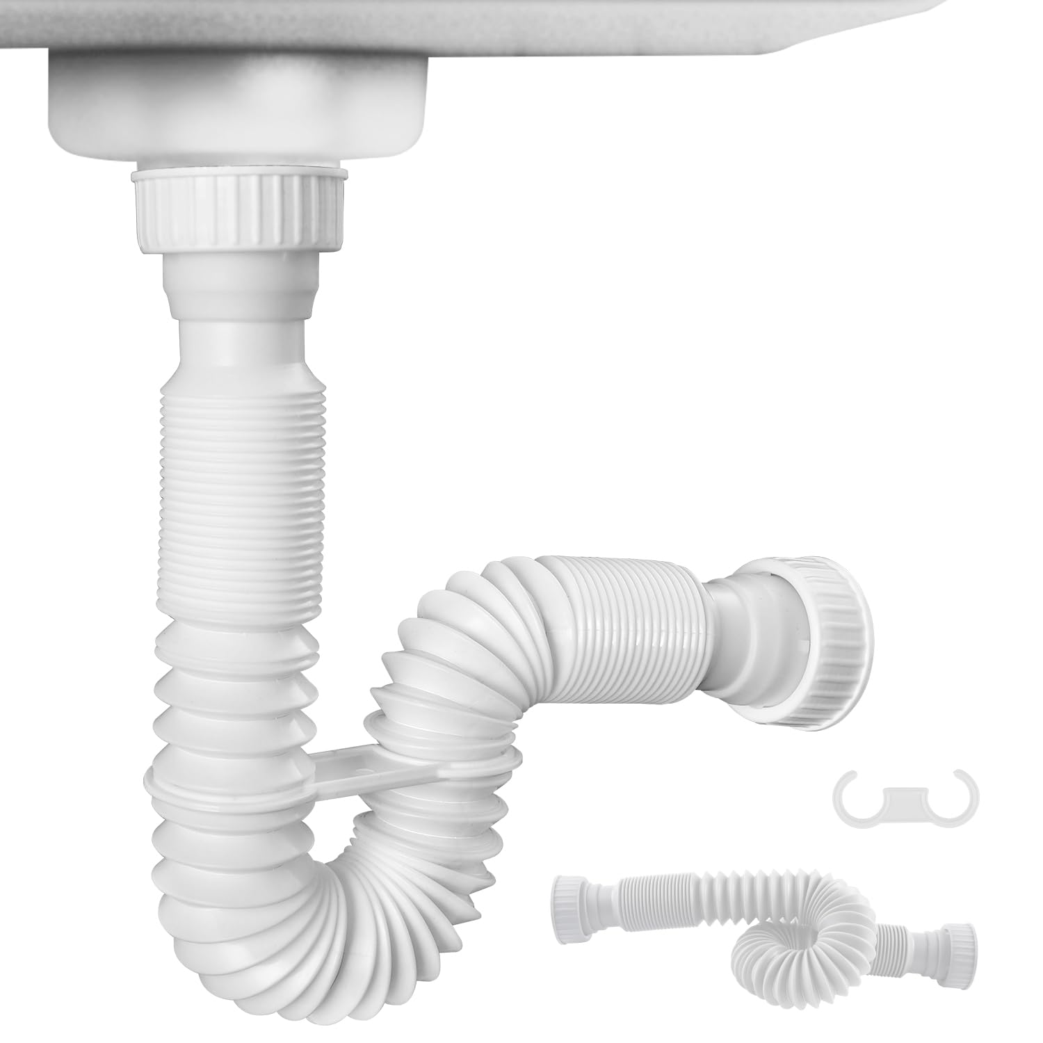 Ifealclear Flexible Sink Drain Pipe, 1-1/2'' Odor-Resistant P-Trap Pipe With Rubber Sealing Rings, Expandable P Trap Tubing Pipe